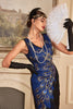 Afbeelding in Gallery-weergave laden, Sprankelende koningsblauwe gefranjerde kralen jurk uit de jaren 1920 met accessoires Set