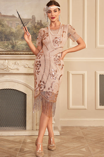 Sparkly Blush franjes jaren 1920 jurk met accessoires Set
