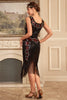 Afbeelding in Gallery-weergave laden, Zwarte mouwloze sprankelende franjes Flapper jurk met accessoires set