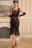 Afbeelding in Gallery-weergave laden, Zwarte mouwloze sprankelende franjes Flapper jurk met accessoires set