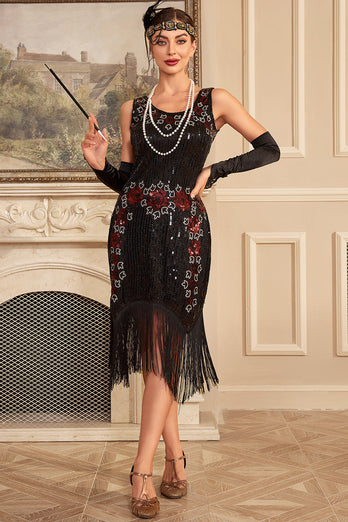 Zwarte mouwloze sprankelende franjes Flapper jurk met accessoires set