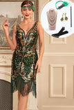 Groene gouden pailletten Fringe jaren 1920 Gatsby jurk met accessoires Set