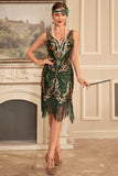 Groene gouden pailletten Fringe jaren 1920 Gatsby jurk met accessoires Set