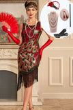 Sprankelende Bourgondische pailletten Fringe jaren 1920 Flapper jurk met accessoires Set