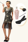 Zwart gouden pailletten Fringe jaren 1920 jurk met 5-delige accessoires Set