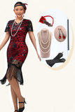 Zwart rood Bodycon gefranjerde pailletten 1920s jurk met 5-delige accessoires set