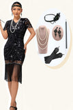 Zwarte bodycon pailletten gefranjerde jaren 1920 jurk met 5-delige accessoires set