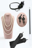 Zwart Zilver Gefranjerde Pailletten 1920s Jurk met 20s Accessoires Set