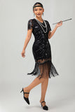 Zwarte bodycon pailletten gefranjerde jaren 1920 jurk met 5-delige accessoires set