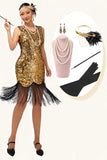 Sprankelende zwarte gouden bodycon gefranjerde jaren 1920 jurk met 5-delige accessoires set