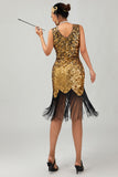 Sprankelende zwarte gouden bodycon gefranjerde jaren 1920 jurk met 5-delige accessoires set