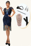 Sprankelende zwarte blauwe bodycon V-hals jaren 1920 jurk met kralen