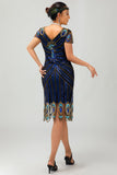 Sprankelende zwarte blauwe bodycon V-hals jaren 1920 jurk met kralen