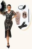 Sprankelende V-hals zwarte gouden gefranjerde bodycon jaren 1920 jurk met 5-delige accessoires set