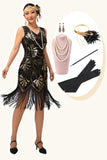 Zwarte gefranjerde pailletten Flapper jaren 1920 jurk met 5-delige accessoireset