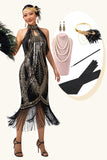 Zwart gouden Halter sleutelgat gefranjerde Gatsby jaren 1920 jurk met 5-delige accessoire Set