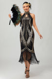 Zwart gouden Halter sleutelgat gefranjerde Gatsby jaren 1920 jurk met 5-delige accessoire Set
