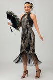 Zwart gouden Halter sleutelgat gefranjerde Gatsby jaren 1920 jurk met 5-delige accessoire Set