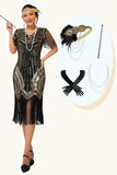 Zwarte gouden pailletten gefranjerde jaren 1920 jurk met accessoires Set