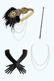 Zwarte gouden pailletten gefranjerde jaren 1920 jurk met accessoires Set