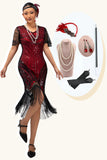 Zwart rood gefranjerde pailletten jaren 1920 jurk met accessoires Set