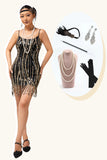 Zwarte gouden Fringe pailletten jaren 1920 jurk met 5-delige accessoires Set