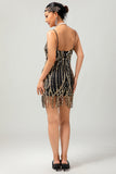 Zwarte gouden Fringe pailletten jaren 1920 jurk met 5-delige accessoires Set
