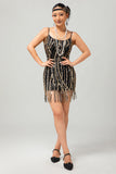 Zwarte gouden Fringe pailletten jaren 1920 jurk met 5-delige accessoires Set