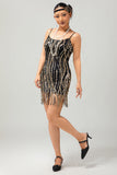 Zwarte gouden Fringe pailletten jaren 1920 jurk met 5-delige accessoires Set