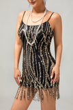 Zwarte gouden Fringe pailletten jaren 1920 jurk met 5-delige accessoires Set