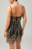 Zwarte gouden Fringe pailletten jaren 1920 jurk met 5-delige accessoires Set