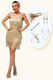 Sprankelende Champagne Fringe jaren 1920 jurk met 5-delige accessoires Set