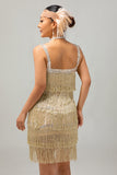 Sprankelende Champagne Fringe jaren 1920 jurk met 5-delige accessoires Set