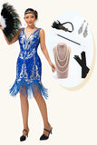 Sprankelende koningsblauwe pailletten Fringe jaren 1920 jurk met 5-delige accessoires Set