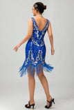 Sprankelende koningsblauwe pailletten Fringe jaren 1920 jurk met 5-delige accessoires Set