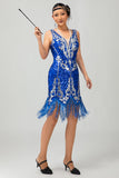 Sprankelende koningsblauwe pailletten Fringe jaren 1920 jurk met 5-delige accessoires Set