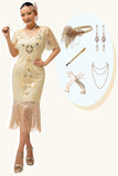 Champagne Appliques Fringe jaren 1920 Jurk met 5-delige Accessoires Set