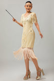 Champagne Appliques Fringe jaren 1920 Jurk met 5-delige Accessoires Set