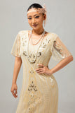 Champagne Appliques Fringe jaren 1920 Jurk met 5-delige Accessoires Set