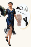 Zwart Blauwe Pailletten Fringe Scoop Neck jaren 1920 Jurk met 5-delige Accessoires Set