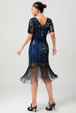 Zwart Blauwe Pailletten Fringe Scoop Neck jaren 1920 Jurk met 5-delige Accessoires Set