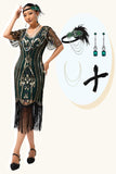 Donkergroene pailletten Fringe jaren 1920 jurk met 4-delige accessoires Set