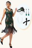 Groene gouden kralen fringe jaren 1920 jurk met 4-delige accessoires Set