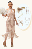 Champagne pailletten Halter Fringe jaren 1920 jurk met 5-delige accessoires Set