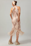 Champagne pailletten Halter Fringe jaren 1920 jurk met 5-delige accessoires Set