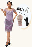 Paarse pailletten Fringe jaren 1920 jurk met 5-delige accessoires Set
