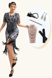Zwart zilveren pailletten V-hals Fringe jaren 1920 jurk met 5-delige accessoires Set