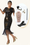 Zwarte gouden bodycon gefranjerde pailletten 1920s jurk met 5-delige accessoires set