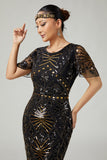 Zwarte gouden bodycon gefranjerde pailletten 1920s jurk met 5-delige accessoires set