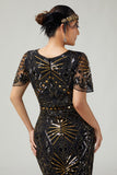 Zwarte gouden bodycon gefranjerde pailletten 1920s jurk met 5-delige accessoires set